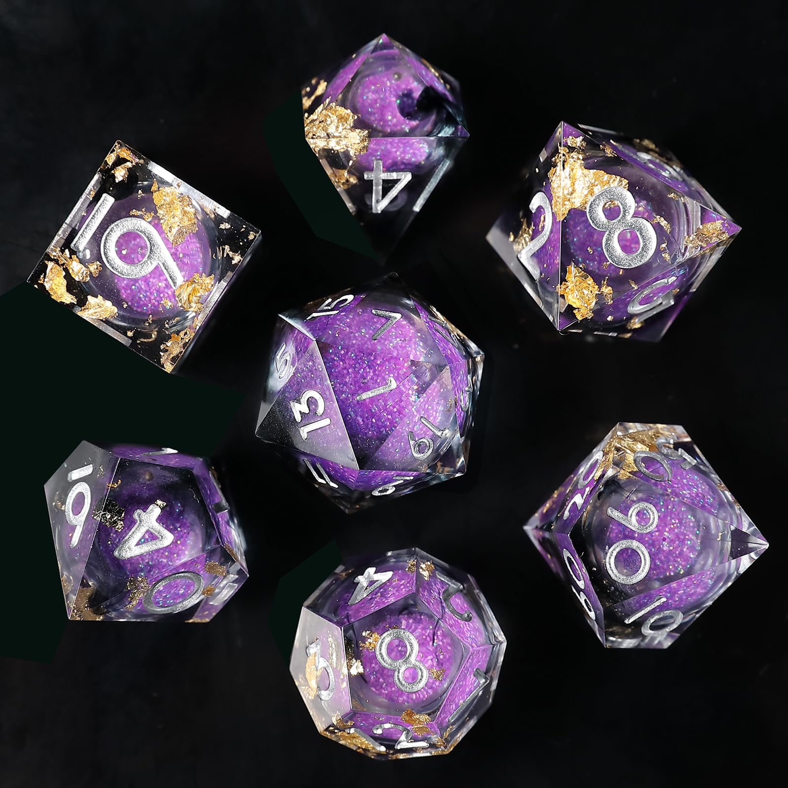 Liquid Core DND Dice Set 7pcs, Resin Sharp Edged Polyhedral Dice for Dungeons and Dragons, Handmade RPG D20 D12 D10 D8 D6 D4 Dice, Gold Foil Themed D&D Dice Role Playing Dice
