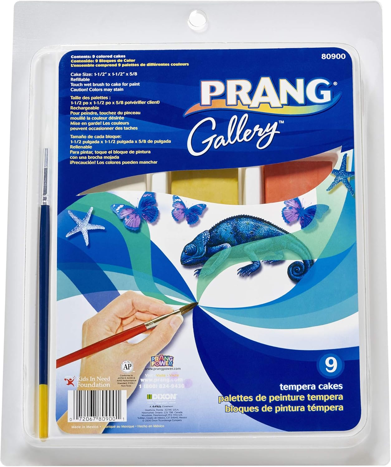 Prang Gallery Classic Tempera Paint Cakes, 9 Color Set with Divided Pan and Brush (80900), 1-1/2 x 1-1/2 x 5/8 in,Multi: Office Products