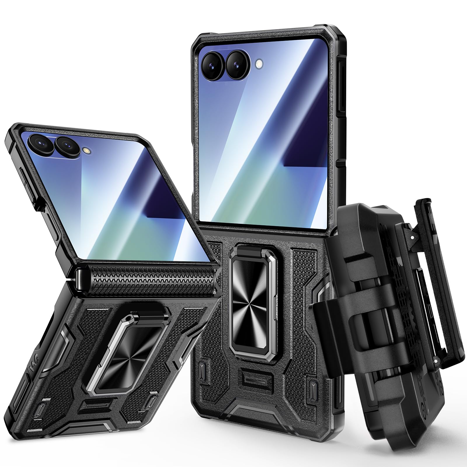 Photo 1 of VEGO for Galaxy Z Flip 7 Case, 360° Rotatable Ring Kickstand & Belt Clip Holster & Tempered Glass Camera Screen Protector & Hinge Protection, Shockproof Case for Samsung Flip 7 5G - Black