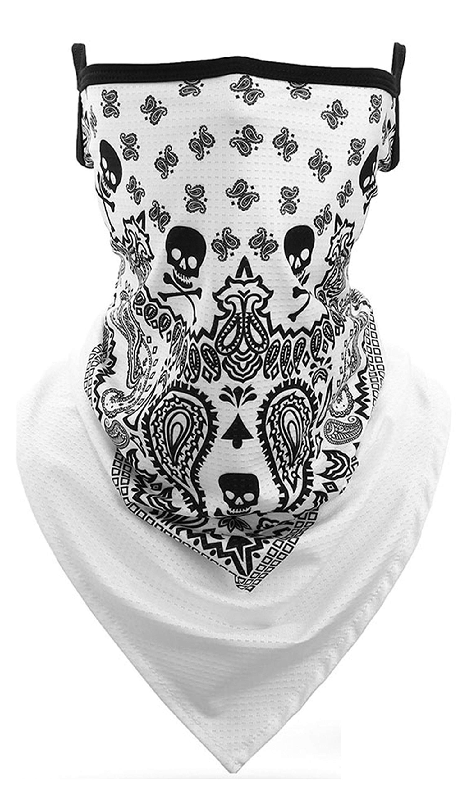 Unisex Bandana Face Covering Mask Scarf Face Rave Balaclava Neck Gaiter with Ear Loops, Dust Cloth, Washable Snood, Wind Motorcycle Cover (White & Black Skull)