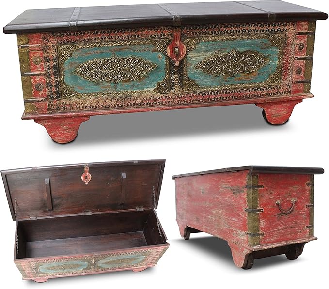 Cofre del Tesoro baúl Caja rolltruhe Madera baúl sobre ruedas de madera