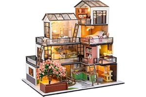 OZJAY DIY Miniature House Kit, Tiny House Kit with Dust Proof Cover & Tools, DIY Wooden Dollhouse Miniature Kit for Adults Teen, Wooden Crafts Lovely Dollhouse Kit, Dream Town