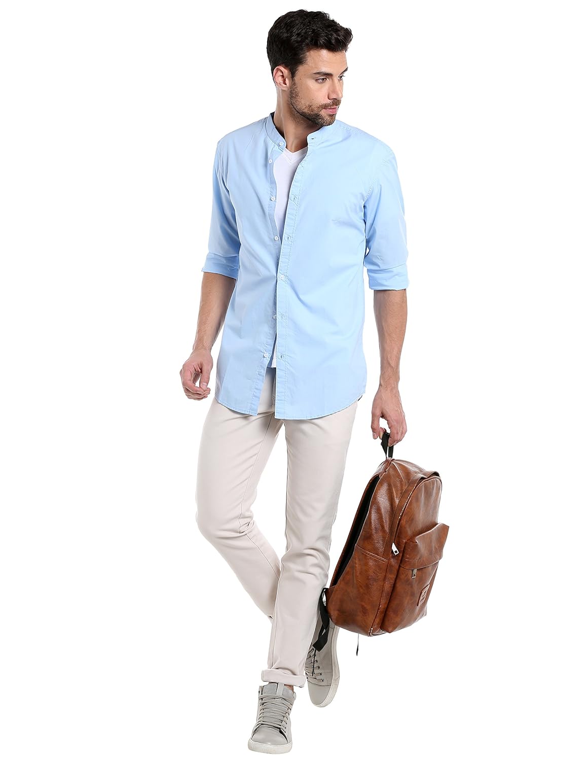 dennis lingo men's cotton sky blue solid casual shirt
