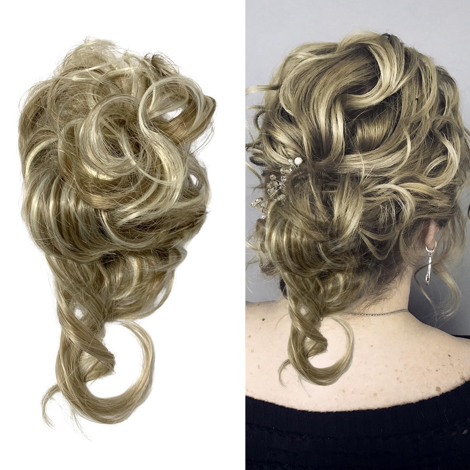 NECXON Messy Bun Hair Piece, Elastic Hair Bun, Ash Blonde with Highlights, Synthetic Hair, Hairpiece, Large