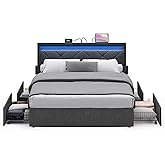 VASAGLE LED Bed Frame Queen Size, Queen Bed with Headboard and 4 Drawers, 1 USB Port and 1 Type C Port, Adjustable Upholstered Headboard 36.7/39.3 Inches, No Box Spring Needed, Dark Gray URMB821G71