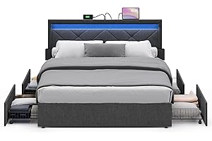 VASAGLE LED Bed Frame Queen Size, Queen Bed with Headboard and 4 Drawers, 1 USB Port and 1 Type C Port, Adjustable Upholstered Headboard 36.7/39.3 Inches, No Box Spring Needed, Dark Gray URMB821G71