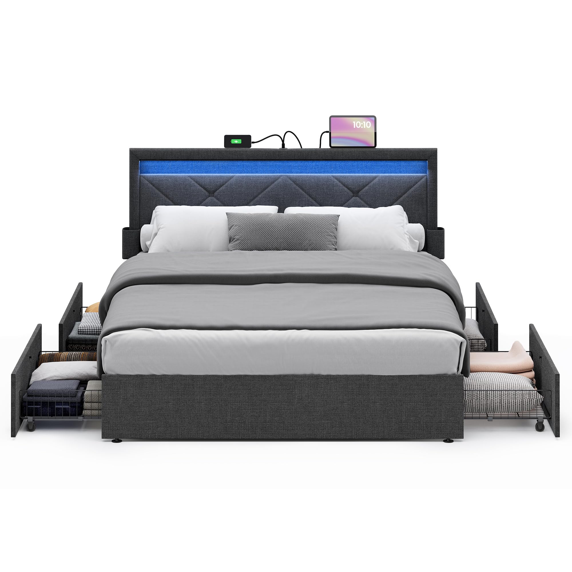 Photo 1 of VASAGLE LED Bed Frame Queen Size, Queen Bed with Headboard and 4 Drawers, 1 USB Port and 1 Type C Port, Adjustable Upholstered Headboard 36.7/39.3 Inches, No Box Spring Needed, Dark Gray URMB821G71