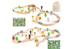 JUSTWOOD Wooden Train Set for Toddlers 2-4,Compatible with Thomas, Brio, with Wooden Tracks, 53pcs Expandable Train Toy for 2 Year Old Boys and Girls, Comes with Playmat and Drawstring Bag