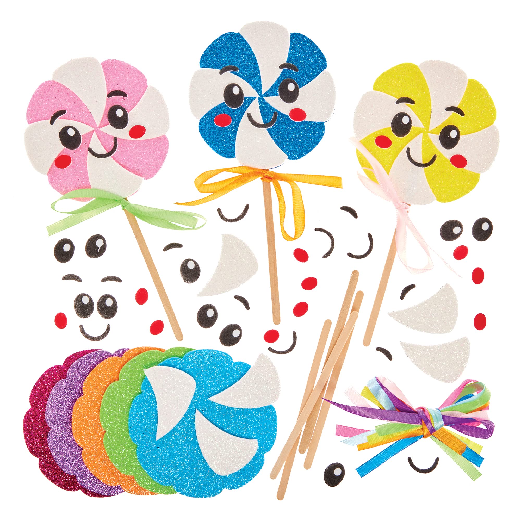 Baker Ross FX703 Lollipop Mix and Match Decoration Kits - Pack of 8, Kids Foam Arts and Craft Kits, Blue,Green,Orange,Pink,Purple