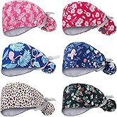 Croknit 6 Pcs Satin Lined Scrub Caps Women Ponytail Nurse Surgical Hat Button Sweatband Working Adjustable Pouch Tie Back
