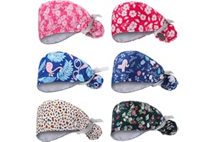 Croknit 6 Pcs Satin Lined Scrub Caps Women Ponytail Nurse Surgical Hat Button Sweatband Working Adjustable Pouch Tie Back