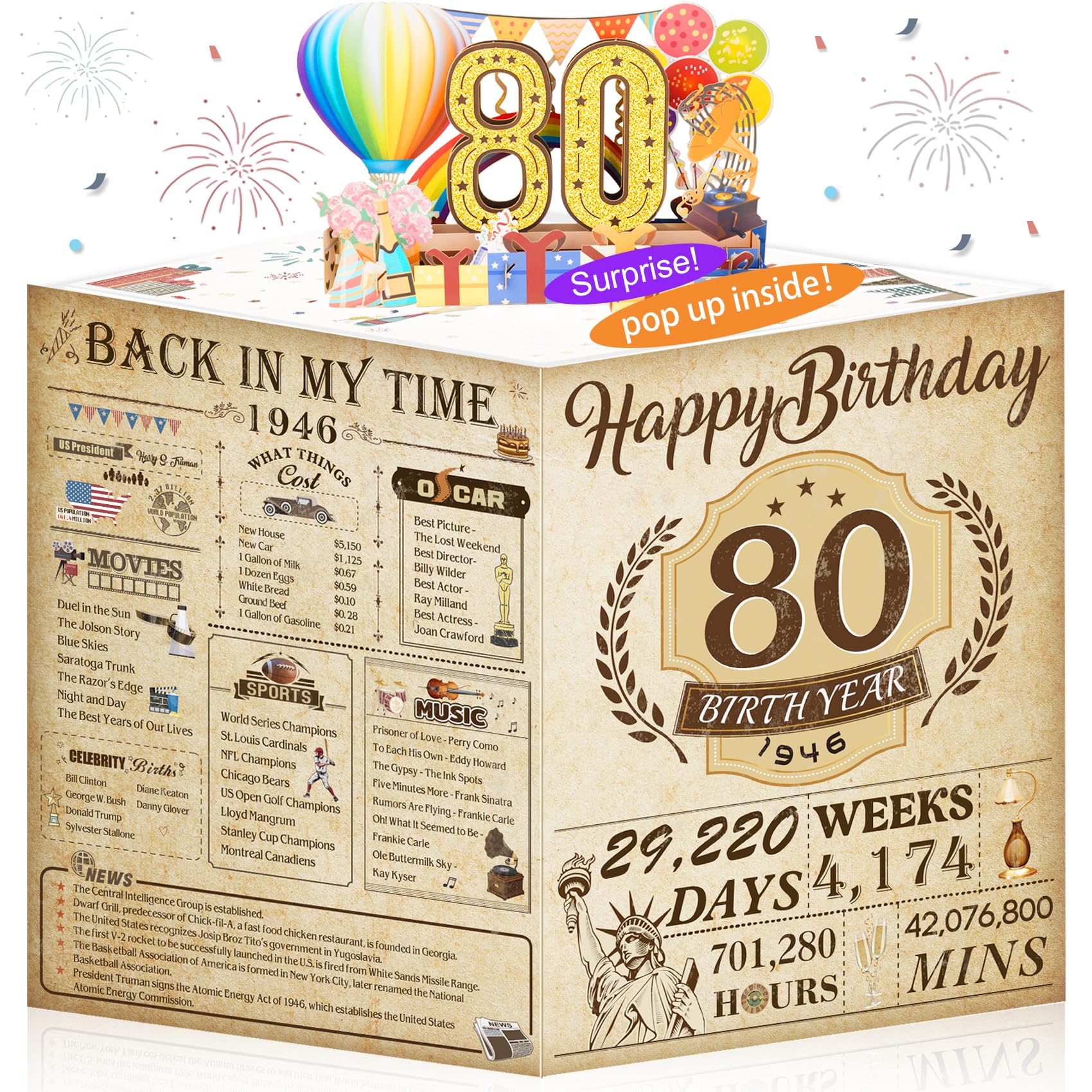 Photo 1 of OLOSONG 80th Birthday Card for Men Women, Funny 3D Pop Up 80th Birthday Gifts for Grandma Mom Dad, Back In 1946 Happy 80 Year Old Birthday Decorations Cards for Her Him, Classy Vintage