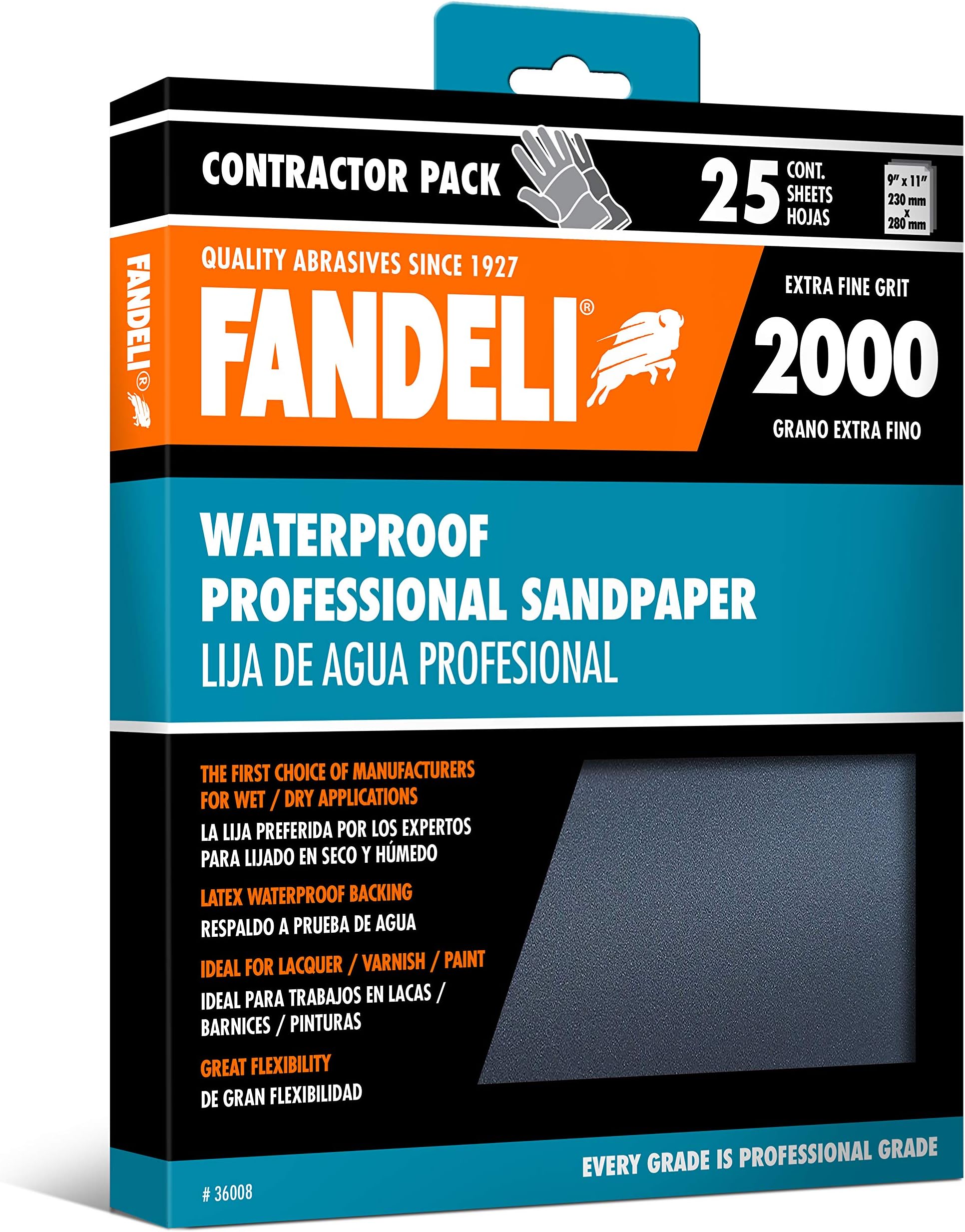Fandeli | Waterproof Sandpaper | 2000 Grit | 25 Sheets 9'' x 11'' | For Car Polishing, Wooden Furniture Sanding and Metal Sanding | Water Resistant