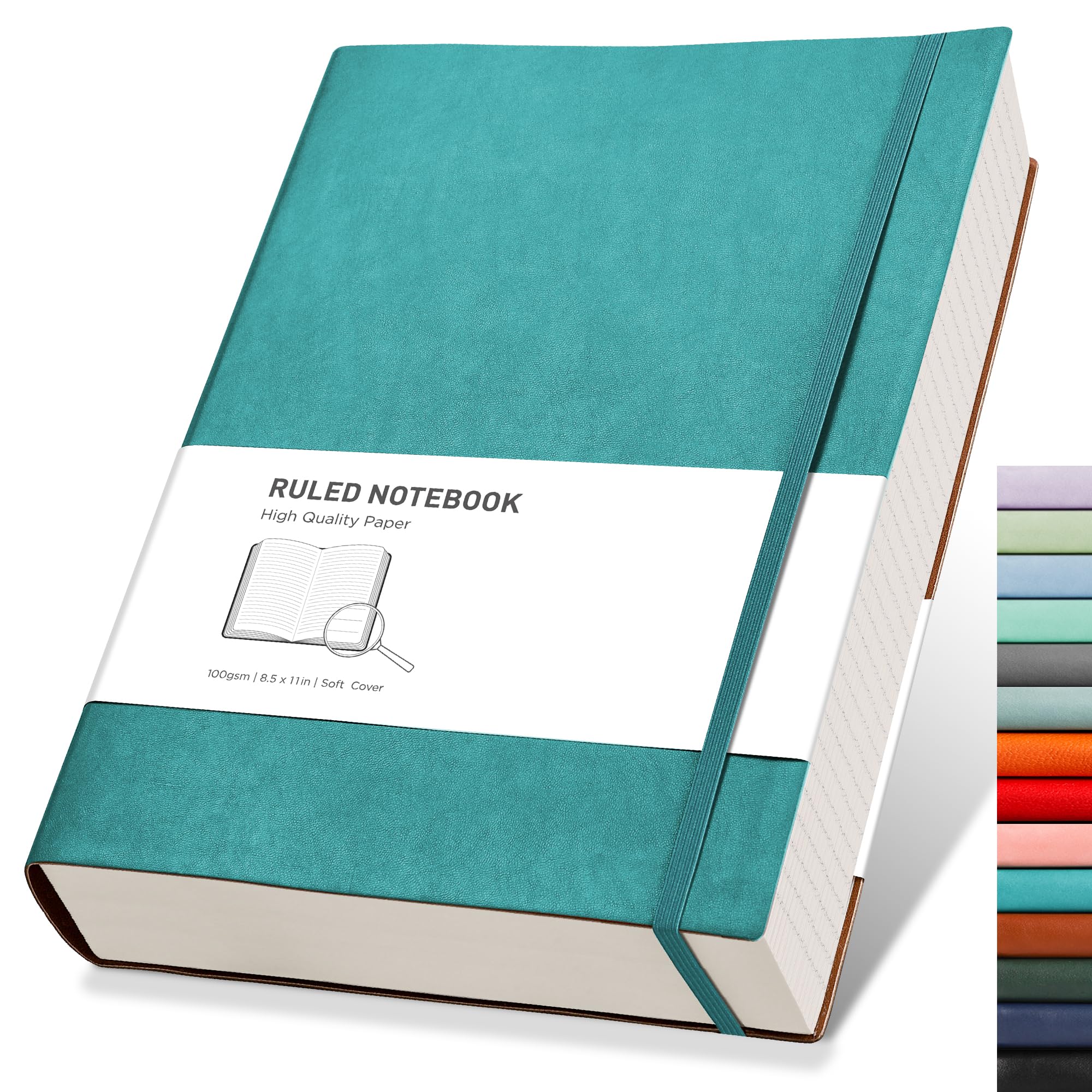 RETTACY A4 Lined Notebook College Ruled/Thick Journal - Extra Large Softcover Composition Notebooks with 2 Free Sticky Notes 320 Pages,Faux Leather, Inner Pocket 21.5 x 27.9cm - Cyan