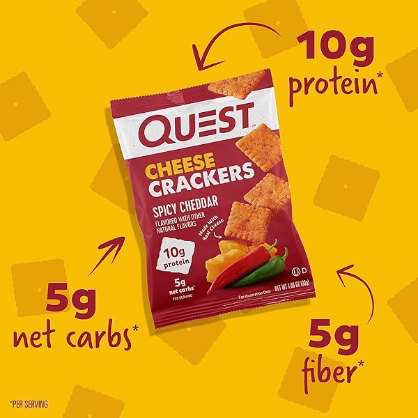QUEST NUTRITION CHEESE CRACKERS, SPICY CHEDDAR BLAST, 10G OF PROTEIN, LOW CARB, MADE WITH REAL CHEESE, 12 COUNT (1.06 OZ BAGS)