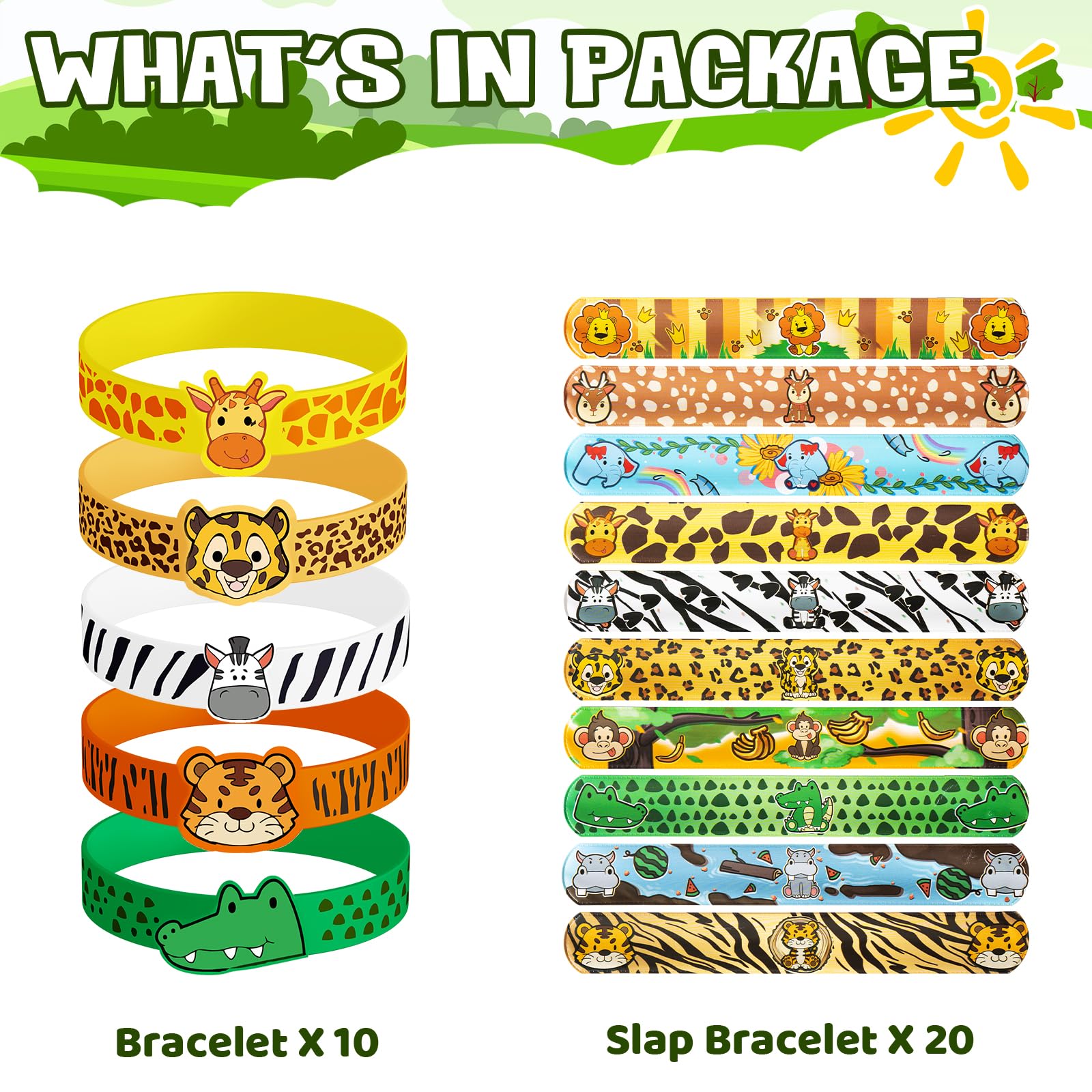 DMIGHT Jungle Safari Party Favors 30 Pcs Wild Animals Slap Bracelets and Rubber Wristband for Kids Birthday Gifts, Wild Theme Party favors for Kids Birthday Party Jungle Safari Party Supplies