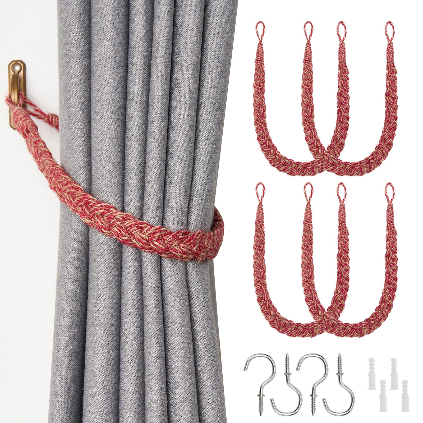 Pretty Jolly 4 Pack Natural Jute Rope Curtain Tiebacks Boho Rustic Style Decorative Drape Tie Backs Elegant Hand-Woven Rope Curtain Holdbacks with Metal Hook for Home & Office Drapery (Jute-Red) — image 1
