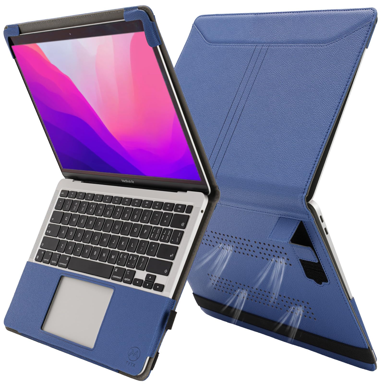 TYTX Compatible with MacBook Pro 13 inch Case (2016-2025) with Stand, for M2/M1 A2338 A2289 A2251 A2159 A1989 A1706 A1708 – PU Leather Ventilated Cover (Blue)