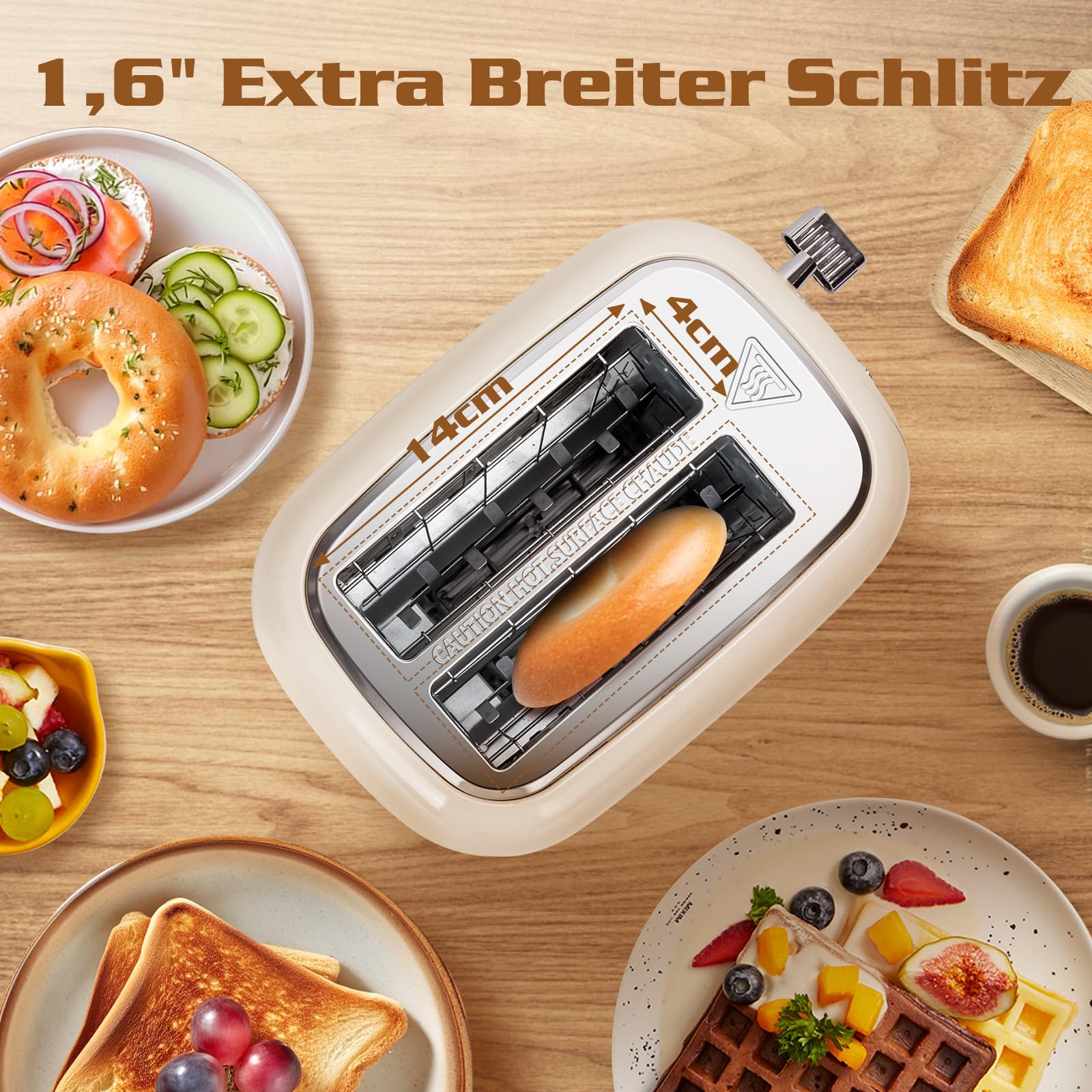 Aigostar Toaster 2 Scheiben, Retro Edelstahl Creme, 4 Funktionen (Bagel/Auftauen/Aufwärmen/Abbrechen), Extra Breite Toastschlitze, 6 Bräunungsstufen, Liftfunktion, 800W. Retro Cream 4