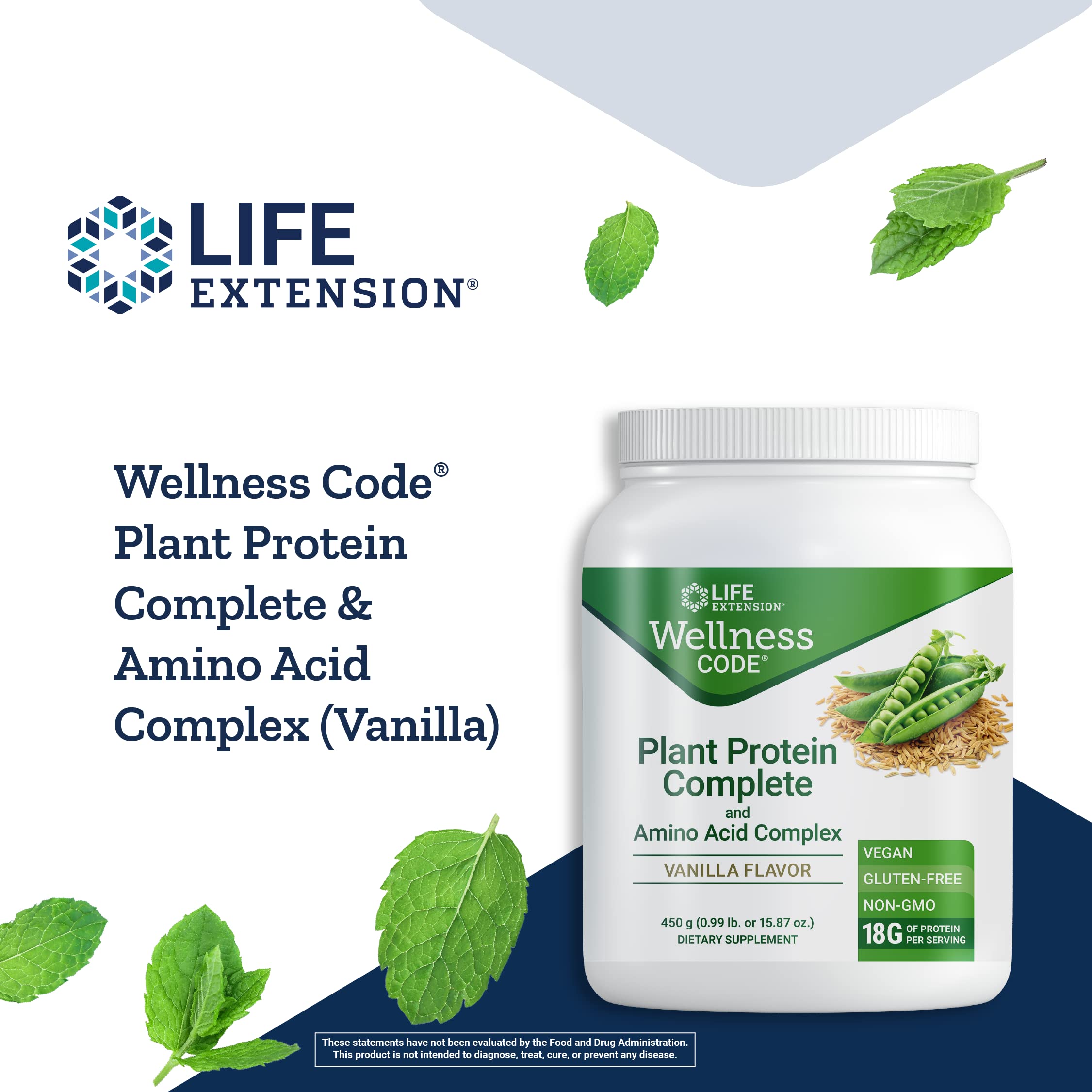 Life Extension Wellness Code® Plant Protein Complete & Amino Acid Complex (Vanilla), Plant-Based Protein Powder Plus branched-Chain Amino acids, Gluten-Free, Non-GMO, Vegetarian, 450 Grams