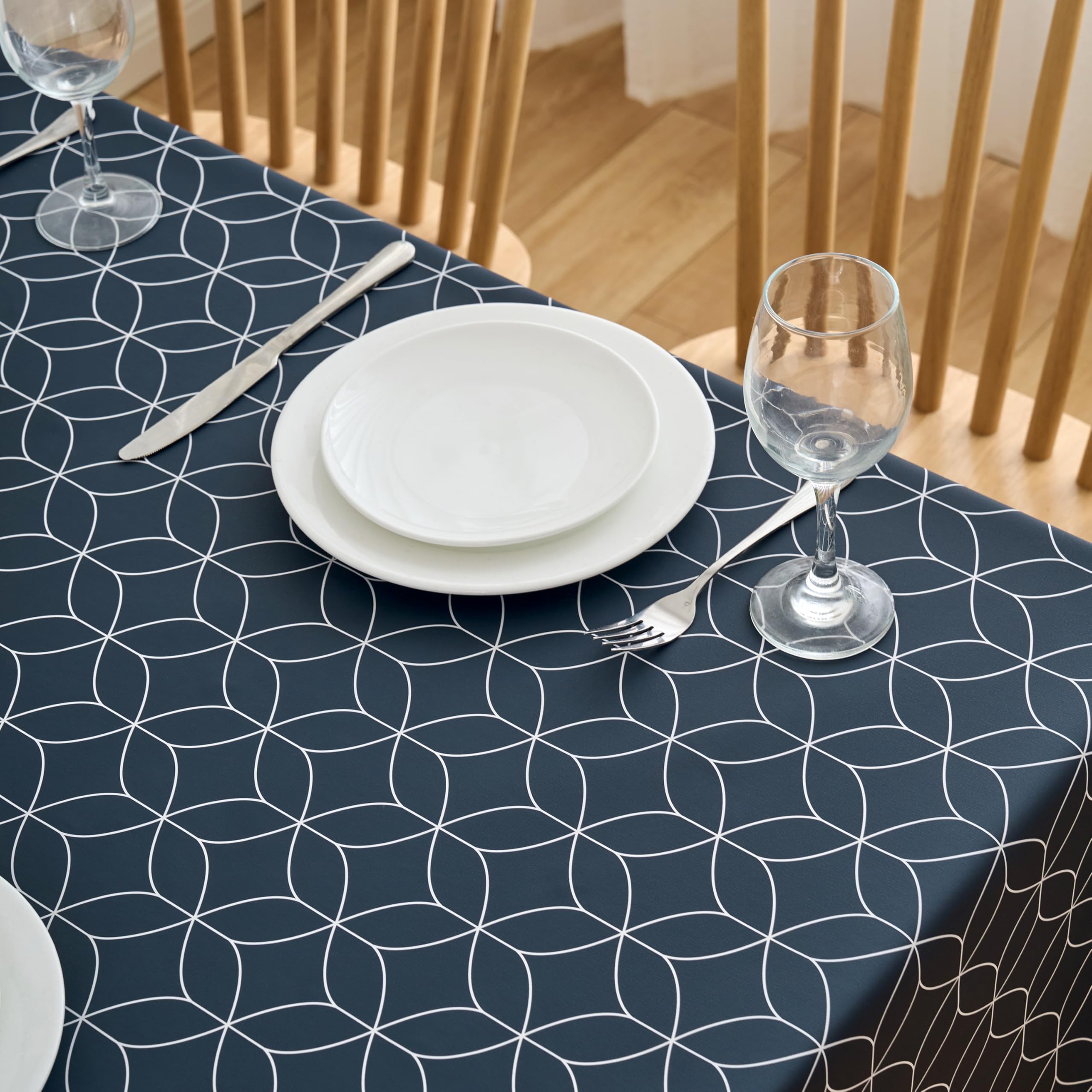 Dehaus® Wipe Clean Table Cloth - Navy Blue Geo Flow - Wipeable PVC Oilcloth Table Cover - Rectangular Plastic Vinyl Tablecloth - Water Resistant Easy Clean - Dining Protector (250 x 140cm)