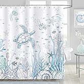 Dazzlewall Sea Turtle Shower Curtain Blue Ocean Beach Curtain for Bathroom Decor with Starfish Seashell Polyester Fabric with 12 Hooks, 72×72 in