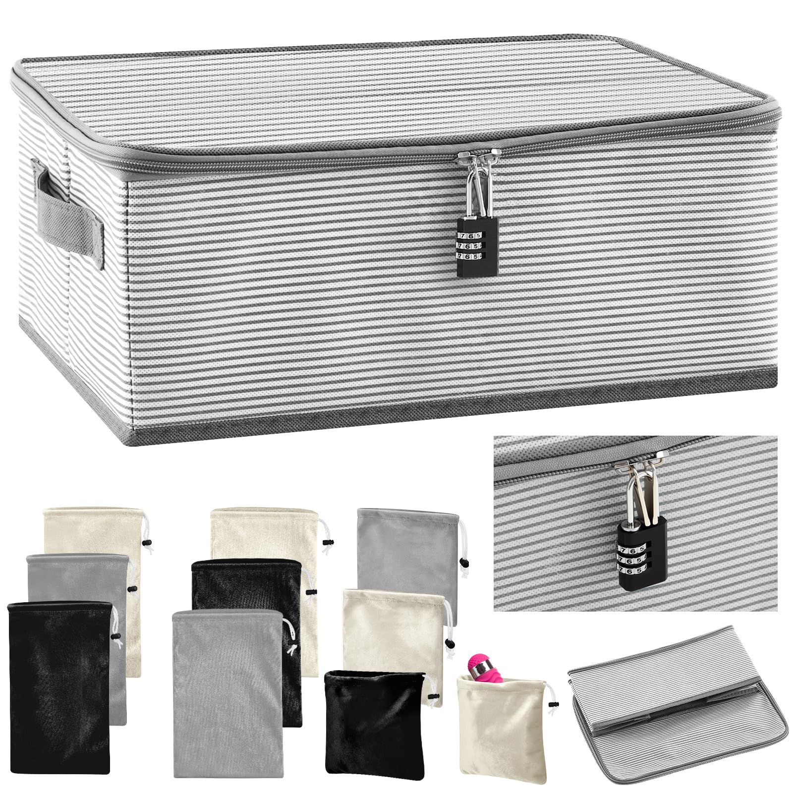 Photo 1 of Briwooody Discreet Lockable Adult Toy Bag Storage Organizer with 9 Pcs Toy Storage Drawstring Organizer for Women and Men 3 Sizes, 15 x 10 x 6.3 Inches Lockable Box Travel Container