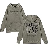 Weetiotio Christian Faith Over Fear Hoodies for Men Jesus Religious Graphic Sweatshirt Bible Verse Acid Wash Pullover Hoodie