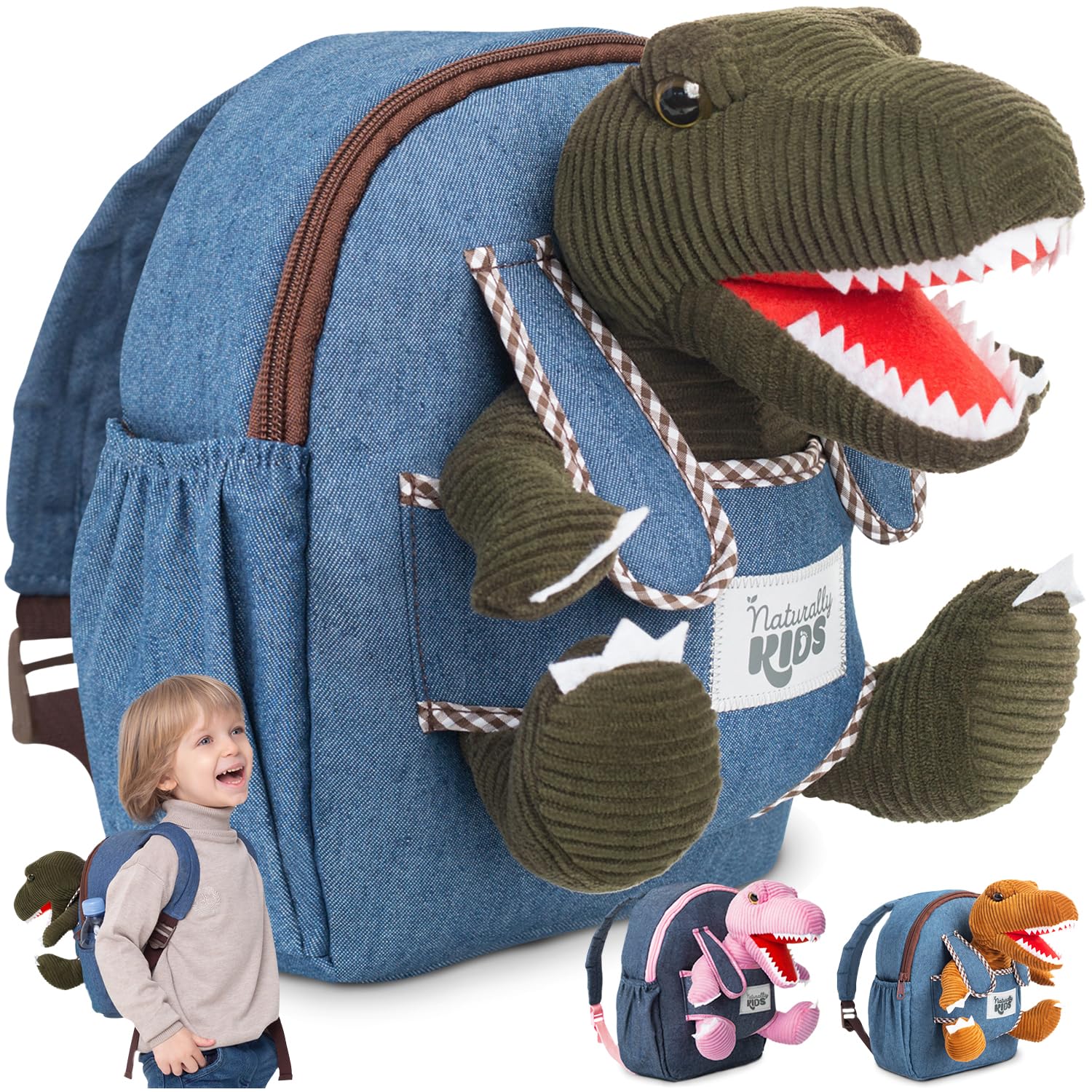 Naturally KIDS Green Dinosaur Backpack, Dinosaur Toys for Boys, Toddler Backpack Boys, 3 Year Old Boy Gifts