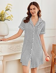 Ekouaer Notch Collar Nightshirt for Women Button