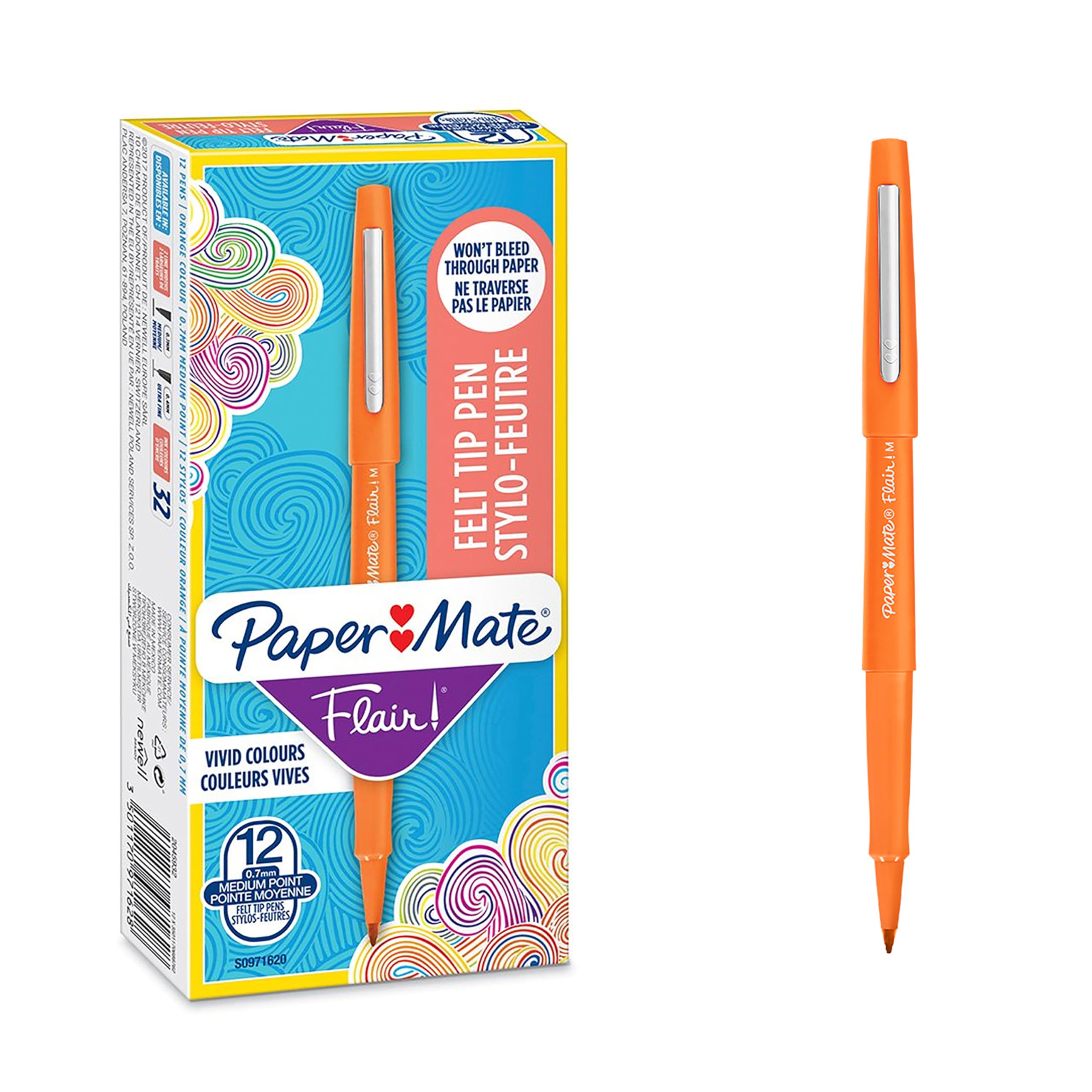 Paper Mate Flair Pen, 1.1mm Medium Tip, Orange, Box of 12