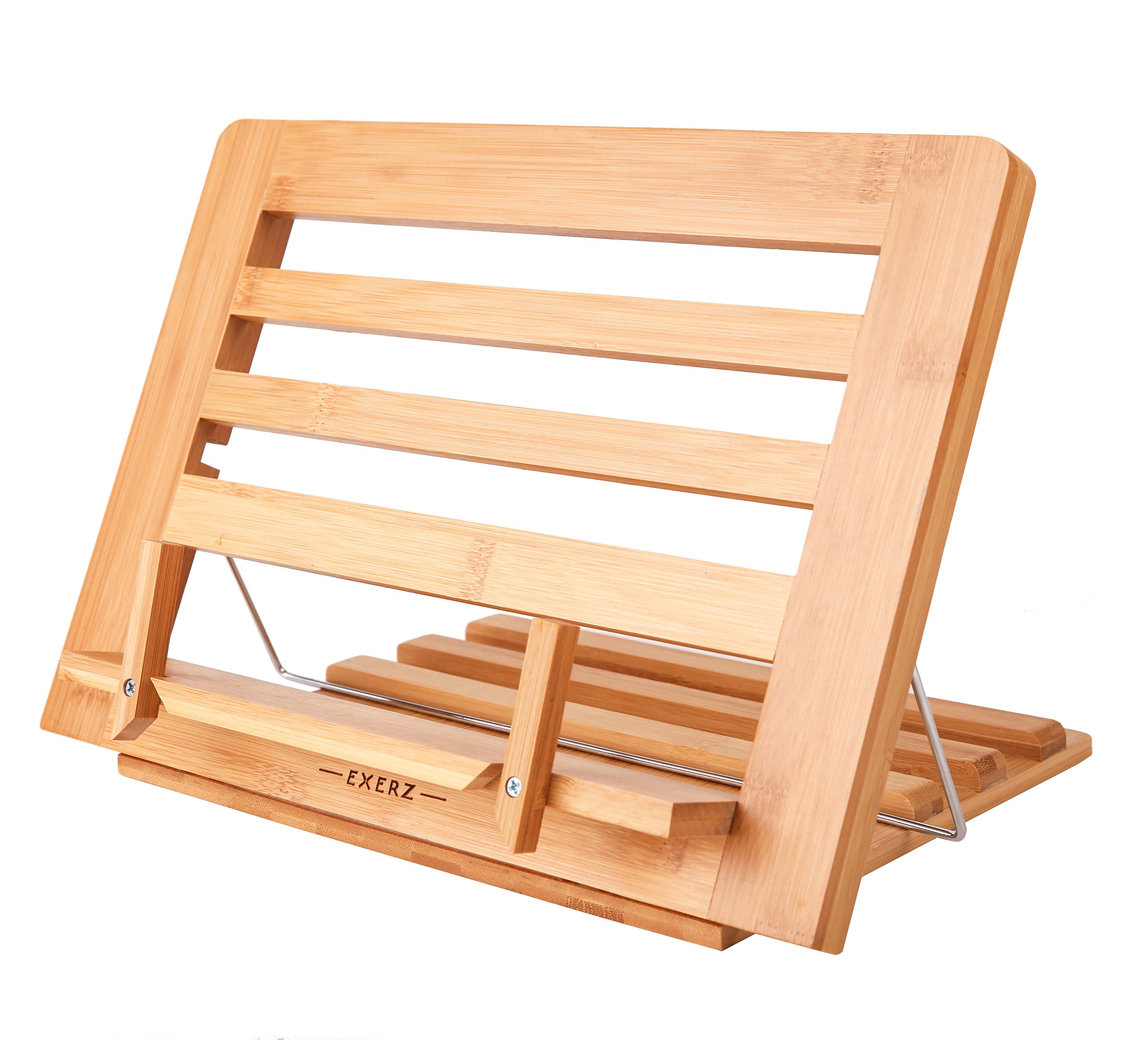 Exerz Cookbook Stand Bamboo Bookrest Cookery Recipe Holder Reading Rest -34 x 24 x 2 cm Adjustable Height - Book iPad Tablet - Premium Bamboo Easel