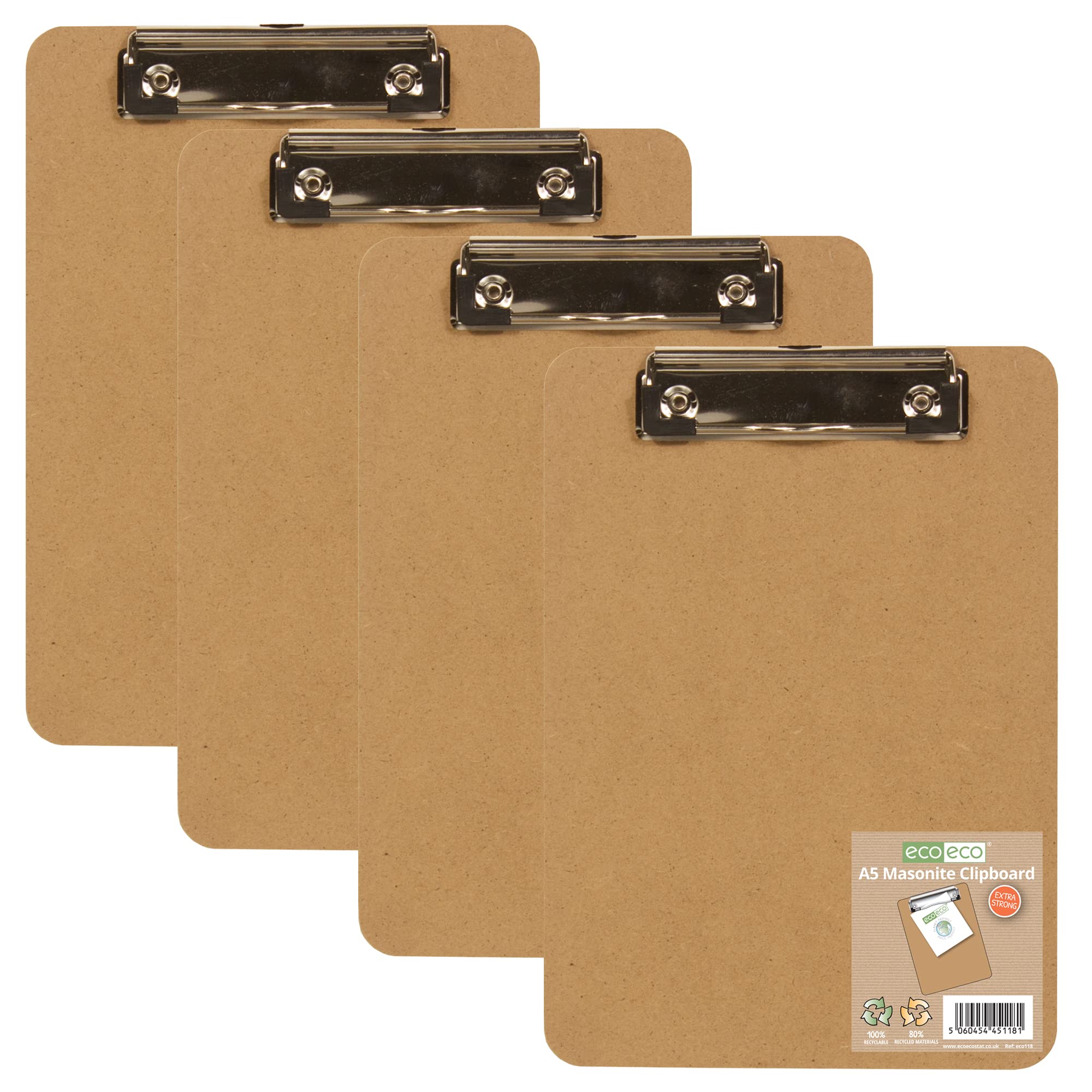 eco-eco A5 Masonite Strong Clipboard with Low Profile Metal Clip, eco118x4