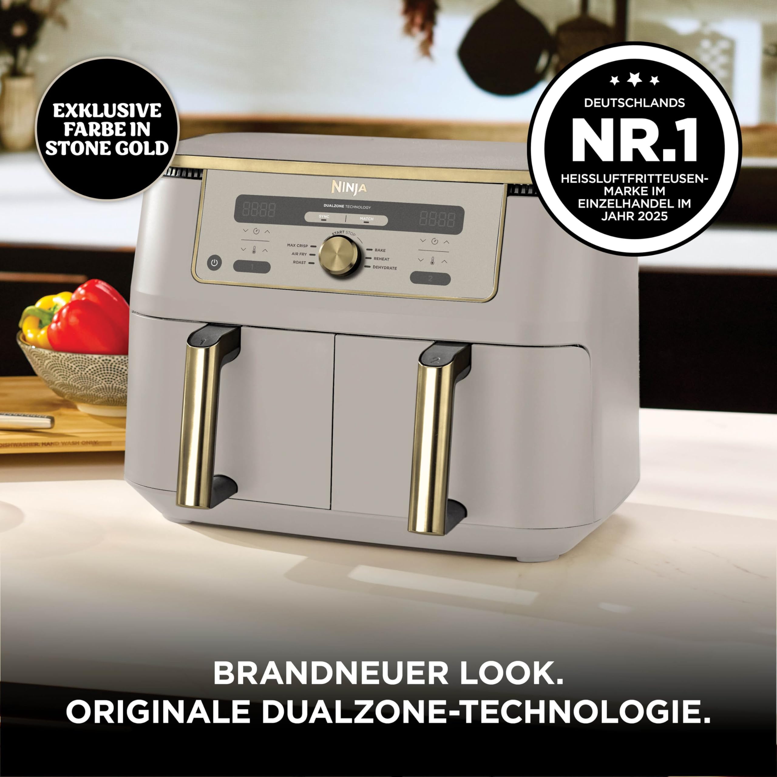 Ninja Dual Zone Digital Air Fryer, 2 Schubladen, 6-in-1, Heißluftfritteuse, 9,5L, Heißluft-Frittieren, Max Crisp, Rösten, Backen, Aufwärmen, Spülmaschinenfeste Körbe, Stone/Gold DZ400EUSTGD 2