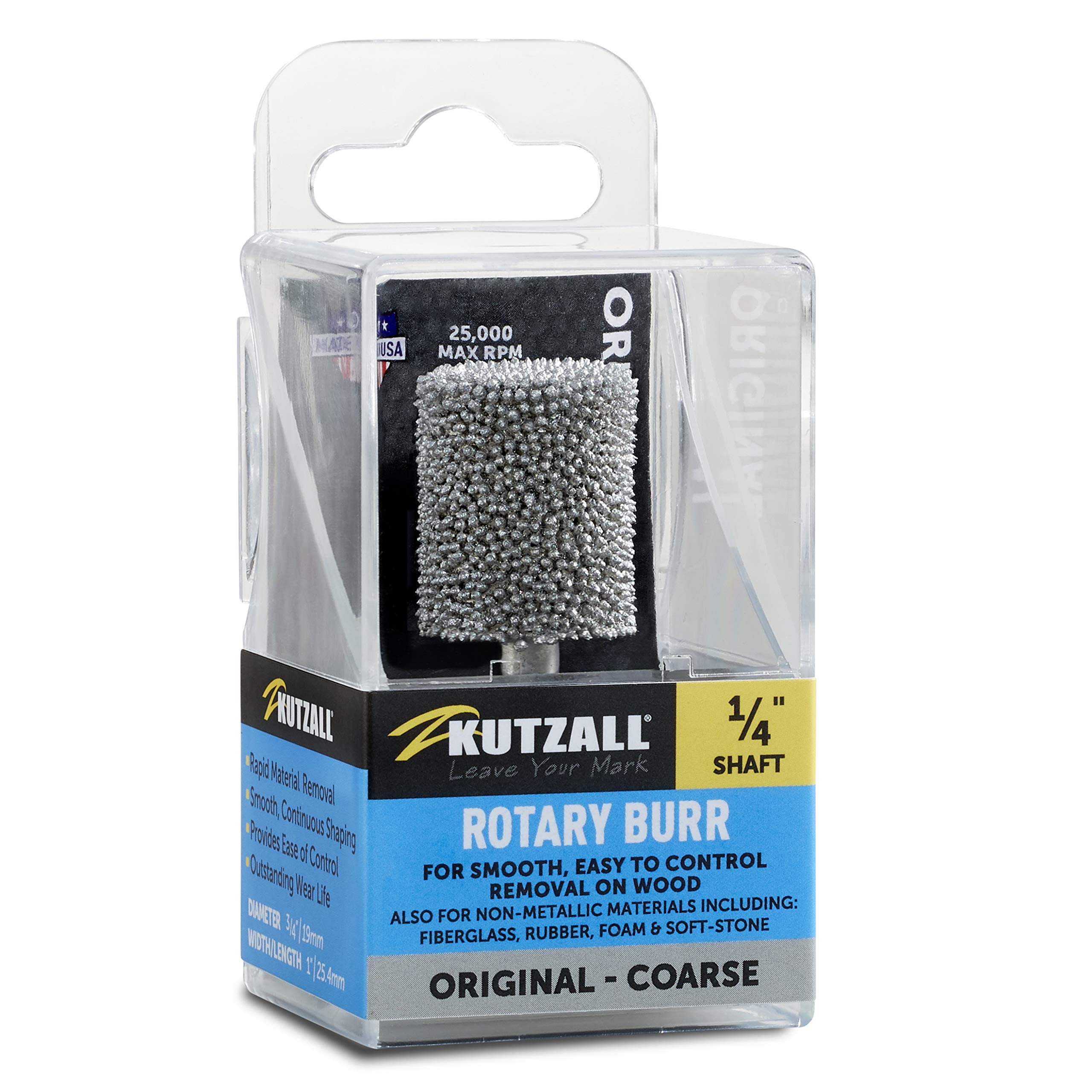 Kutzall Original Cylinder Rotary Burr, 1⁄4" Shaft, Coarse - Woodworking Attachment for Bosch, DeWalt, Milwaukee, Makita. Abrasive Tungsten Carbide, 3⁄4" (19mm) Head Dia. X 1" (25.4mm) Length, C-34