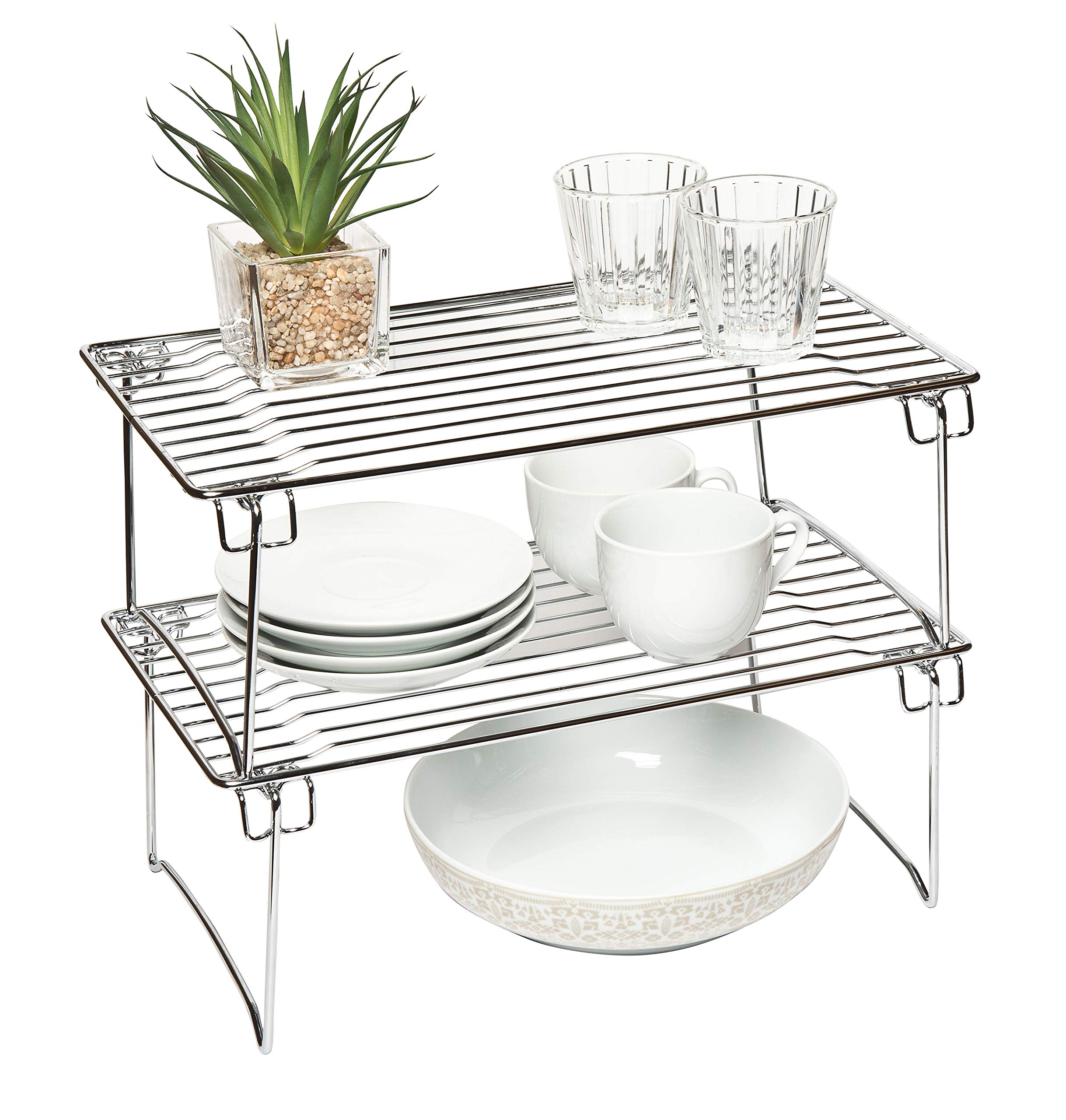 Amtido Kitchen Cupboard Organiser Storage Shelf Rack Stands for Cabinets, Pantry, Countertop Organisation - Stackable - Chrome, 2 Pack