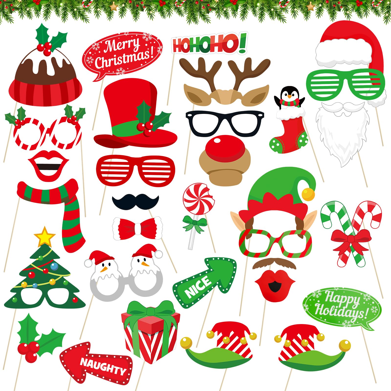 Photo 1 of 32 Pcs Christmas Photo Booth Props Kit - Merry Christmas Photo Props for Photography, DIY Fun Xmas Photobooth Photoshoot Prop Selfie Pose Sign Set for Adults Kids Christma Party Favors Supplies