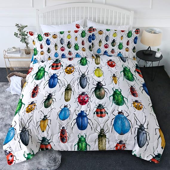 BlessLiving Watercolor Beetles Comforter Set Cute Modern Insect Bugs Pattern Bedding Set 3