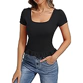 Belle Poque 2026 Summer Cute Tops for Women Short Sleeve Crop Tops Square Neck Ruffle Hem T Shirts