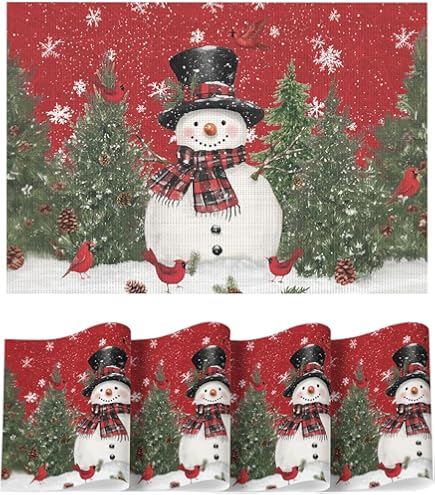 Red Xmas Trees Vinyl Christmas Placemats Set Of 6, 12x18 Inch Washable Plastic Non-Slip Woven Winter Table Mats For Party Kitchen Dining Decor - View #8