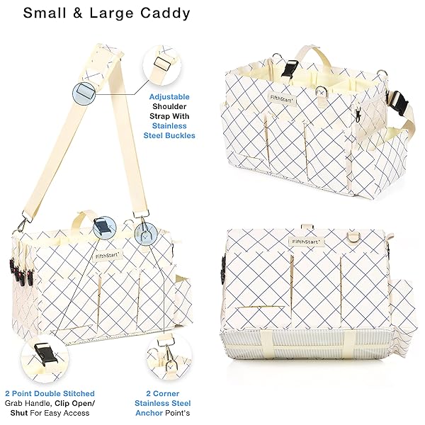 FIFTHSTART CLEANING CADDY FOR CLEANING SUPPLIES – LARGE CLEANING BAG ORGANIZER TOTE WITH SHOULDER STRAP, MESH BASE & ADJUSTABLE DIVIDERS – HEAVY DUTY CLEANING BAGS FOR HOUSEKEEPERS (BLUE CHECK, LARGE)