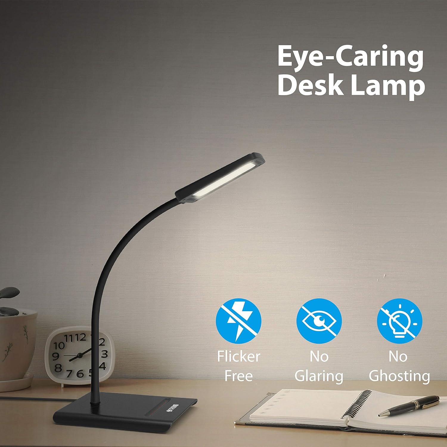 TROND Eye-Care LED Desk Lamp Dimmable, Flexible Gooseneck, 3 Color Temperatures, Non-Glaring for Bedside, Nightstand, Side Table, Office, Reading & Task Lighting - - 