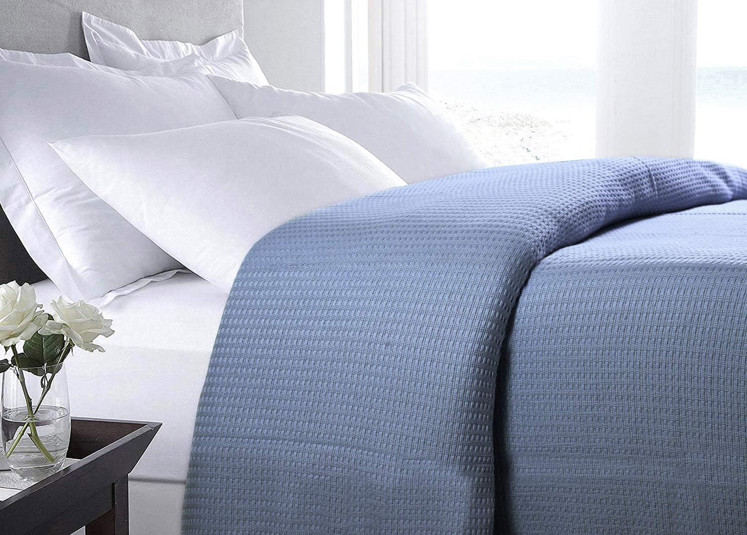 HILLFAIR 100% Certified Organic Cotton Blankets- King Size Bed Blankets- All Season Cotton Blanket- Organic Cotton Bed Blankets- Soft Cozy Multipurpose King Blankets- Blue King Size Blankets: Home & Kitchen