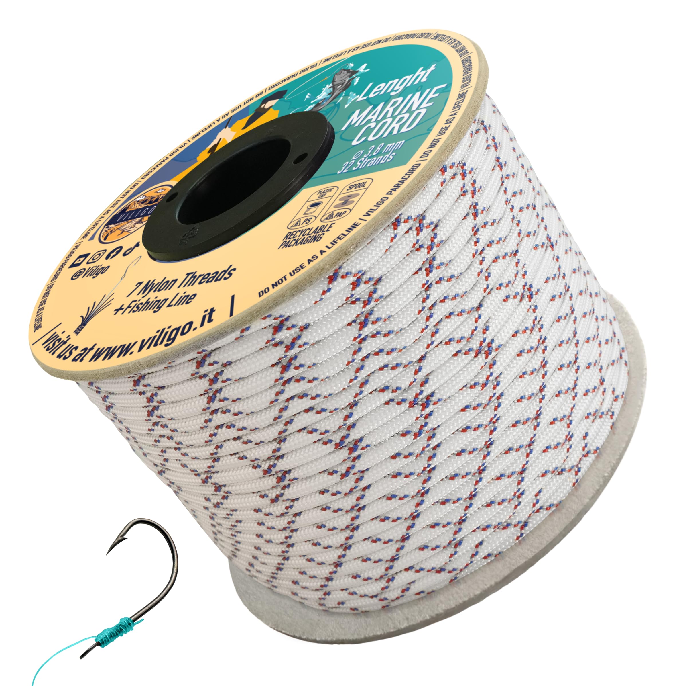 VILIGO Marine Cord - Nylon Braid (3.8mm) - 7 Nylon Strands and 1 Line - Boat Rope for Fishing and Outdoor Activities - Holds a Fishing Hook (15m, Ice Age)