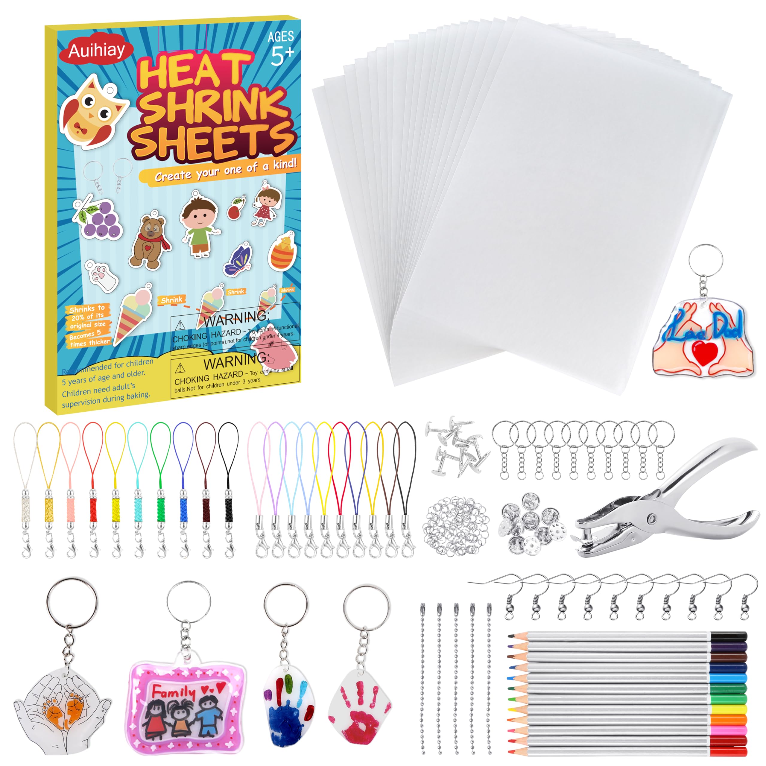 Auihiay 198 Pieces Shrink Plastic Kit Include 20 Sheets Shrinky Paper, Hole Punch, Keychains Accessories and Pencils for DIY Ornaments or Creative Craft — image 1