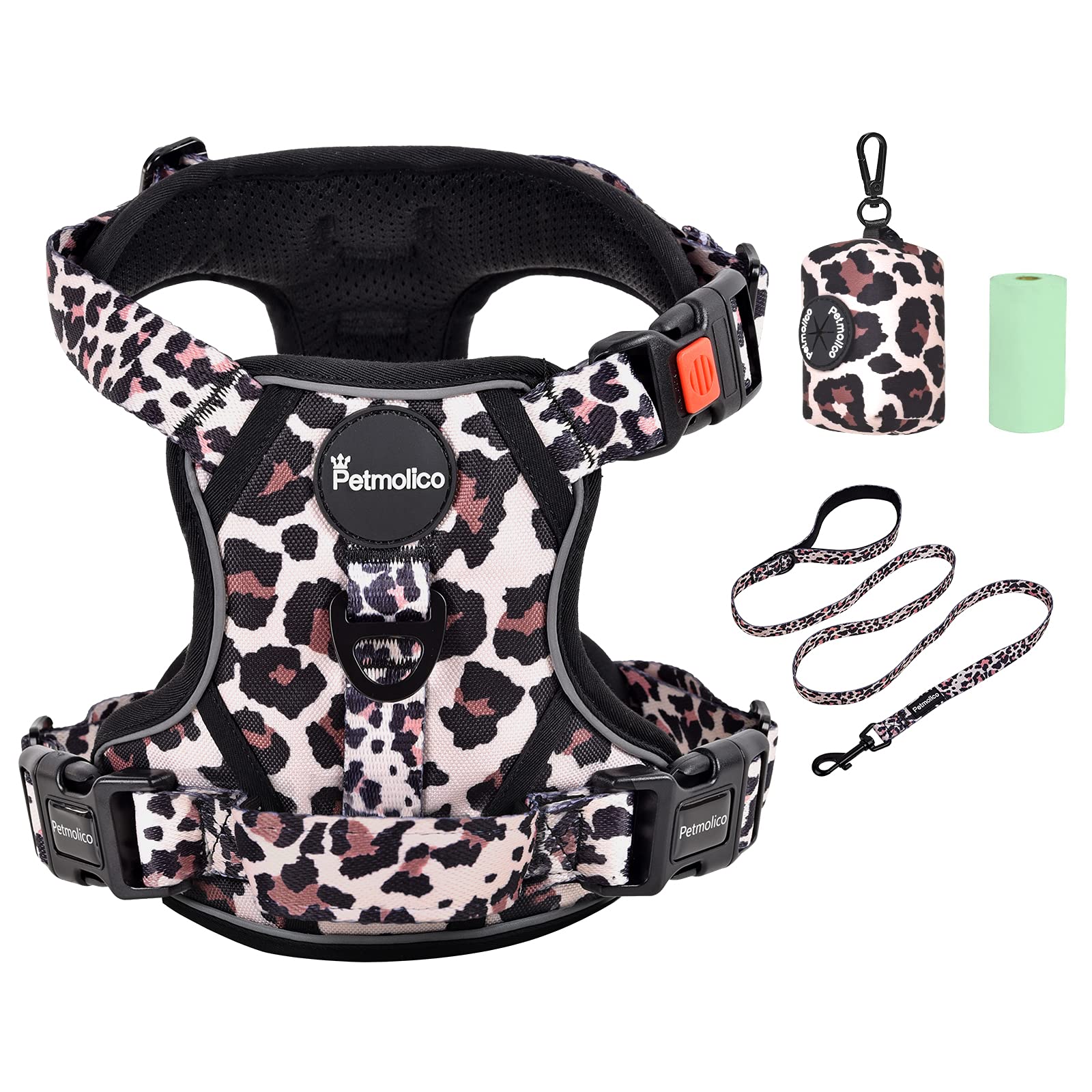 Photo 1 of Petmolico No Pull Dog Harness Set with Leash Attachment Easy Control Handle Reflective Harness Vest Small Breed, Puppy Vest and Leash Set with Poop Bag Holder, Medium - Leopard
