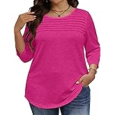 Womens Plus Size Tops 3/4 Sleeve Shirts Casual Roundneck Tunics Top Pleated Spring Summer Blouse