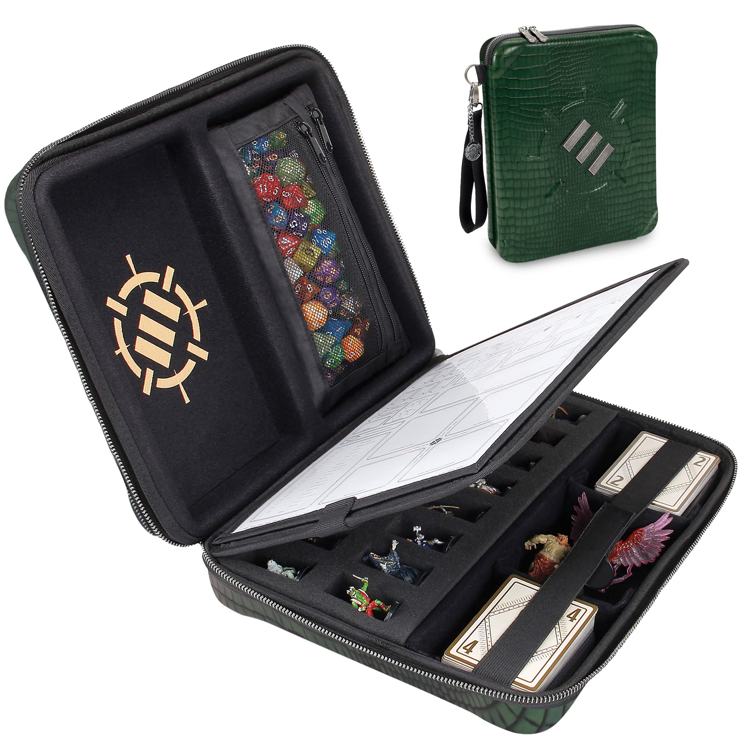 ENHANCE Collector's Edition RPG Organizer Case - DnD Binder with Built-in Character Sheet Holder and Erasable Scribe Panel, Dice Rolling Area, Removable Pen Pouch, Miniature Foam Tray (Dragon Green)