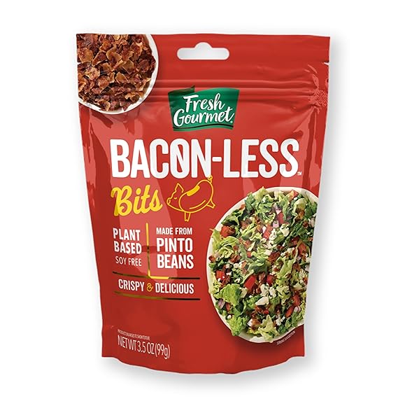 FRESH GOURMET VEGAN BACON-LESS BITS – 3.5 OZ PLANT-BASED TOPPING FOR SALADS, POTATOES, SOUPS, AND MORE | SOY-FREE, KOSHER, AND SMOKY FLAVOR | RESEALABLE POUCH