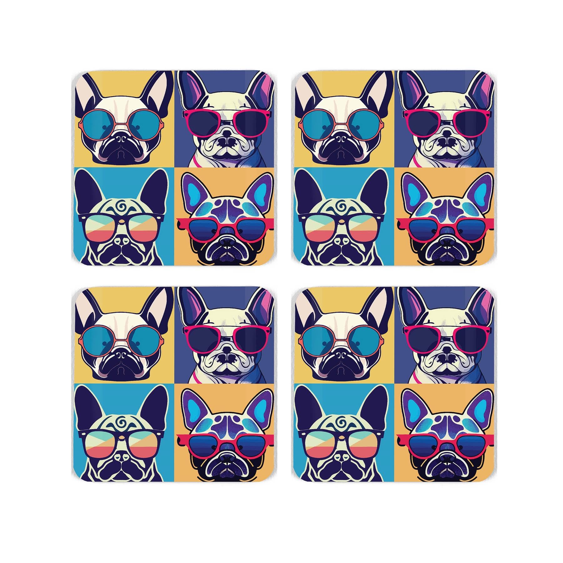 Frenchie Cork Coaster Set - Cool Pets French Bulldog Dog Gift - Set of Four (4) Square Drinks Coasters
